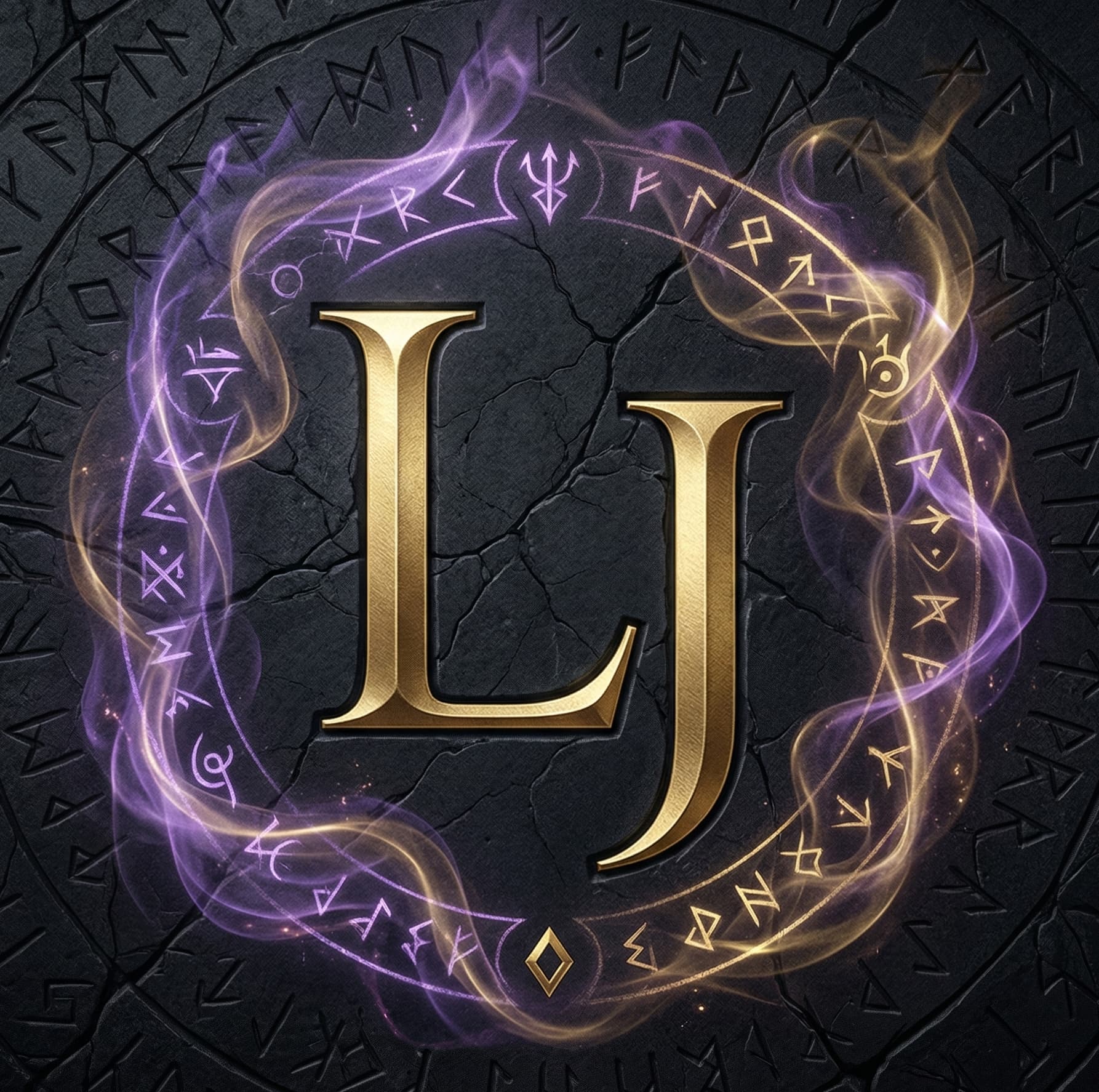 Leslie Jane logo — gold LJ monogram with purple and gold magical energy